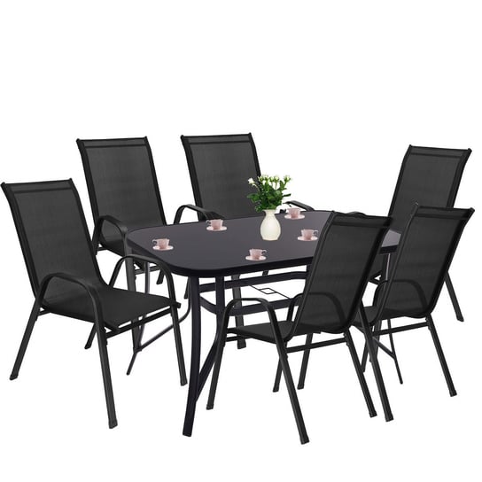 Meble ogrodowe komplet stół 120x70 cm ze szkłem hartowanym, 6 krzeseł zestaw dla 6 osób czarny Springos