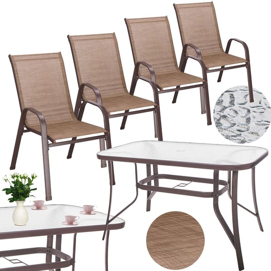 Meble ogrodowe komplet stół ze szkłem hartowanym, 4 krzesła zestaw dla 4 osób brązowe Springos