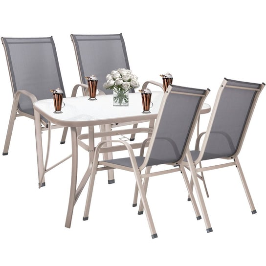 Meble ogrodowe komplet stół ze szkłem hartowanym, 4 krzesła zestaw dla 4 osób szary Springos