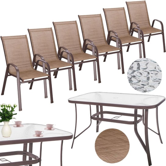 Meble ogrodowe komplet stół ze szkłem hartowanym, 6 krzeseł zestaw na taras brązowy Springos