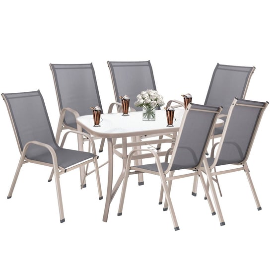 Meble ogrodowe komplet stół ze szkłem hartowanym, 6 krzeseł zestaw na taras szary Springos