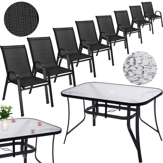 Meble ogrodowe metalowe komplet dla 8 osób stół ze szkłem hartowanym 8 krzeseł czarne Springos