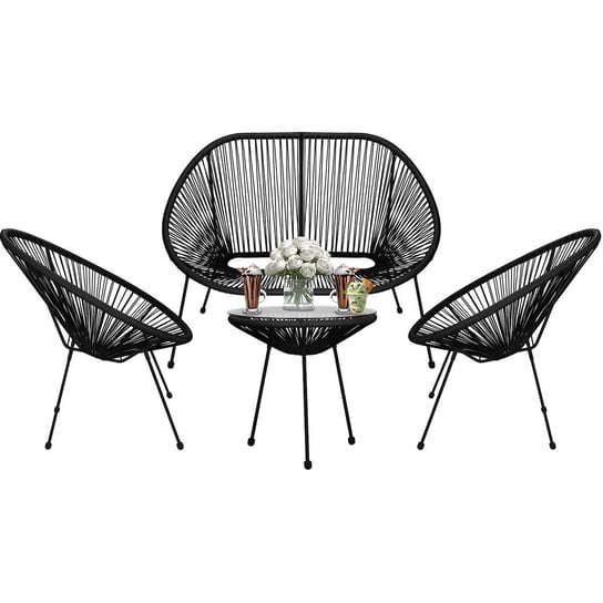 Meble ogrodowe rattanowe stół ze szkłem hartowanym 2 fotele ażurowe, sofa czarne Springos