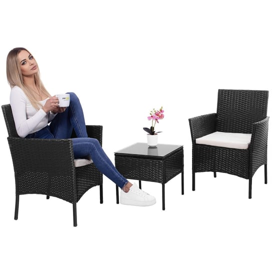 Meble ogrodowe technorattanowe komplet 2 fotele i stolik ze szkłem hartowanym czarne Springos
