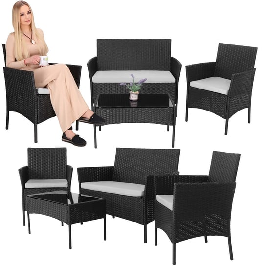 Meble ogrodowe technorattanowe komplet sofa, 2 fotele i stolik ze szklanym blatem czarne Springos