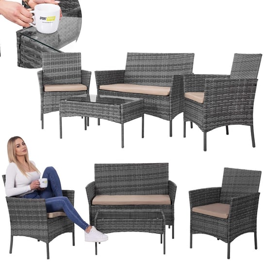 Meble ogrodowe technorattanowe komplet sofa, fotele i stolik ze szklanym blatem szare Springos