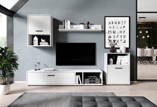 Meblościanka HALO szafka rtv, 2x witryna, półka, biały mat BIM Furniture