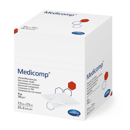 Medicomp, kompresy chłonne z włókniny, jałowe, 4-warstwowe, 7,5 cm x 7,5 cm, 25 x 2 sztuki Medicomp
