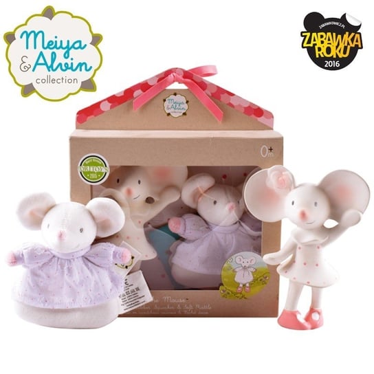 Meiya & Alvin - Zestaw prezentowy Baby Shower Set z miękką grzechotką i gryzakiem dźwiękowym z kauczuku Hevea Meiya Mouse Meiya & Alvin