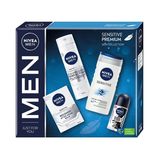 Men Sensitive Premium zestaw prezentowy żel pod prysznic 250ml + antyperspirant roll-on 50ml + balsam po goleniu 100ml + pianka do golenia 200ml Nivea
