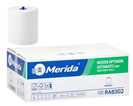 Merida RAB302 Ręczniki papierowe w roli z adaptorem OPTIMUM AUTOMATIC MAXI, białe, średnica 19 cm, długość 250 m, jednowarstwowe, karton 6 rolek Merida