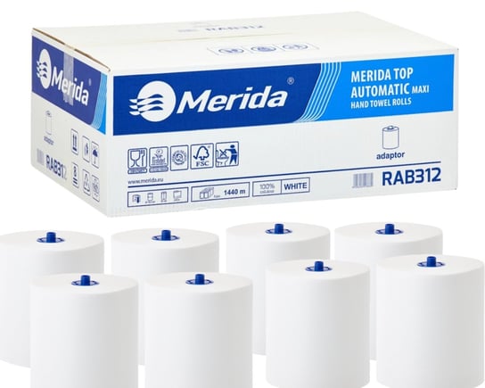 Merida RAB312 Ręczniki papierowe w roli z adaptorem TOP AUTOMATIC MAXI, białe, średnica 19,5 cm, długość 240 m, dwuwarstwowe, karton 6 rolek Merida