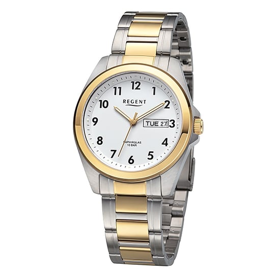 Męski zegarek analogowy Regent na metalowej bransolecie w kolorze srebrno-złotym URF1446 Regent