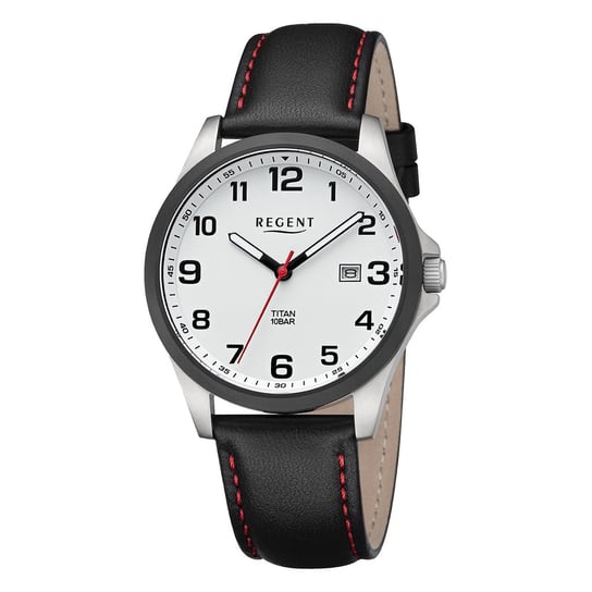 Męski zegarek analogowy Regent ze skórzanym paskiem czarno-czerwony URBA780 Regent