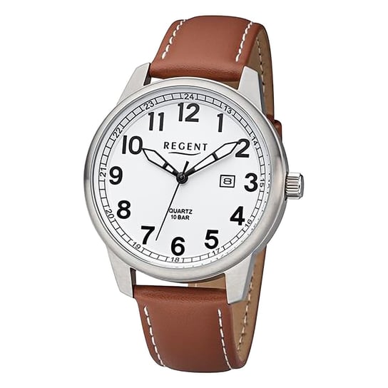 Męski zegarek analogowy Regent ze skórzanym paskiem w kolorze brązowo-białym URF1256 Regent