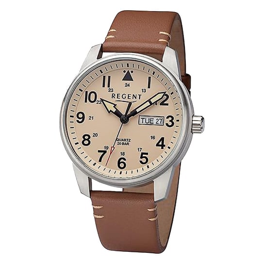 Męski zegarek analogowy Regent ze skórzanym paskiem w kolorze brązowym jasnobrązowym URF1255 Regent
