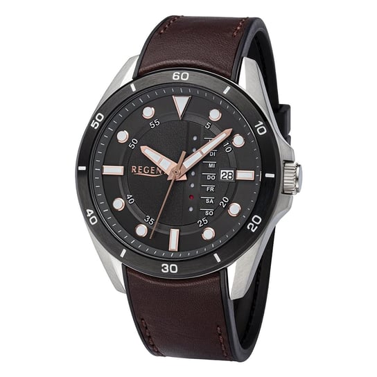 Męski zegarek analogowy Regent ze skórzanym paskiem w kolorze ciemnobrązowym URBA636 Regent