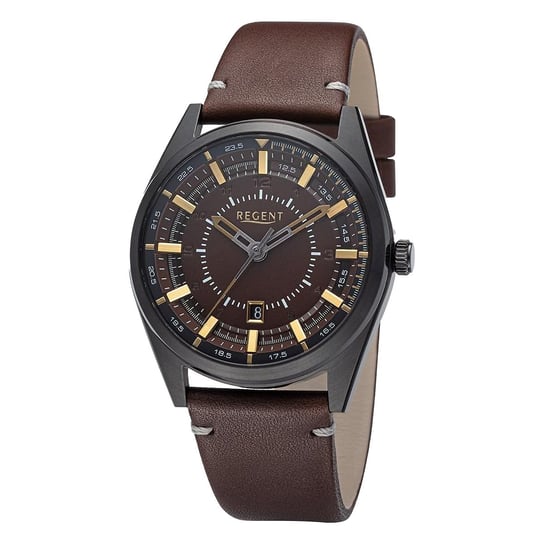 Męski zegarek analogowy Regent ze skórzanym paskiem w kolorze ciemnobrązowym URBA765 Regent