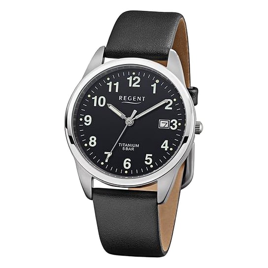 Męski zegarek analogowy Regent ze skórzanym paskiem w kolorze czarnym URF1271 Regent