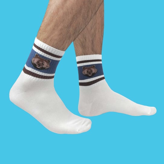 Męskie skarpetki ze ściągaczem NIEDŹWIEDŹ - białe skarpetki dla modnych mężczyzn CandySox