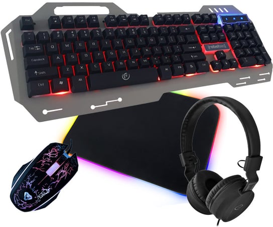Metalowa klawiatura gamingowa dla graczy Rebeltec Discovery 2 podświetlenie + podświetlana mata + mysz + słuchawki Rebeltec