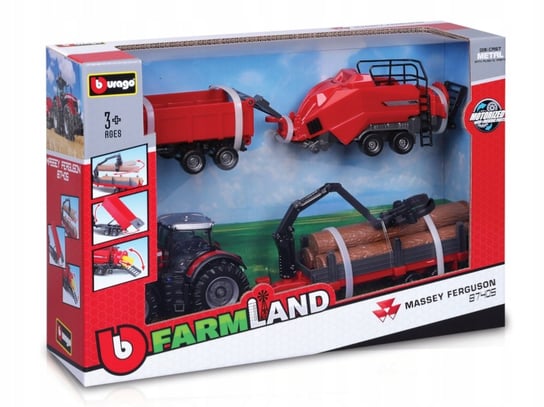 Metalowy Czerwony Traktor + 3 Przyczepy Rolnicze Bburago