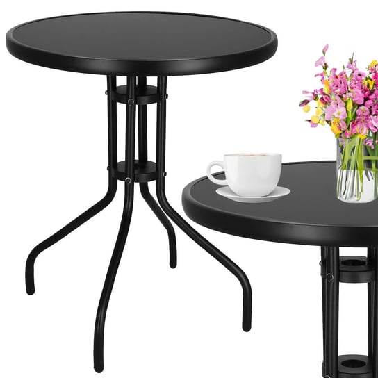 Metalowy stolik ze szkłem hartowanym 60 cm okrągły stół na balkon metal czarny Springos