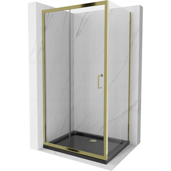 Mexen Apia kabina prysznicowa rozsuwana 100 x 80 cm, transparent, złota + brodzik Flat, czarny Mexen