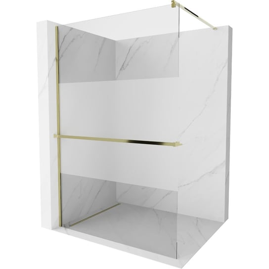 Mexen Kioto+ ścianka prysznicowa z półką i relingiem 100 x 200 cm, transparent/szron 8 mm, złota Mexen