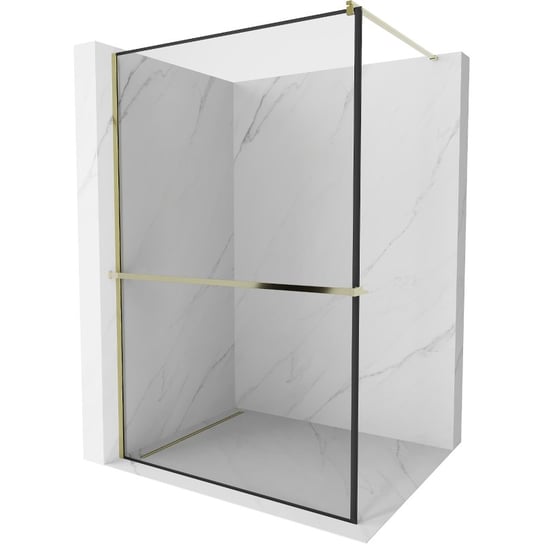 Mexen Kioto+ ścianka prysznicowa z półką i relingiem 110 x 200 cm, transparent/czarny wzór 8 mm, złota Mexen