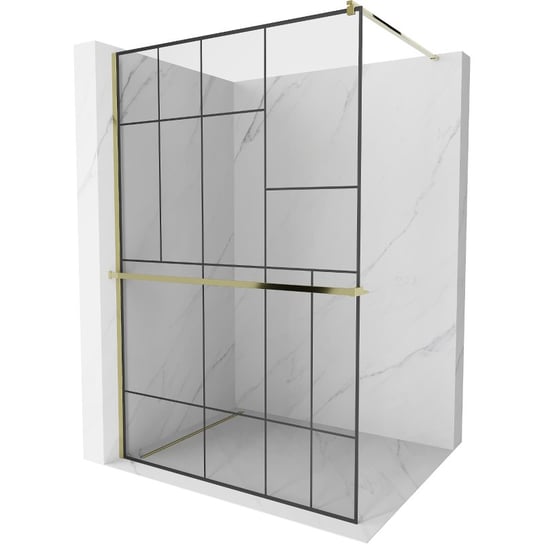 Mexen Kioto+ ścianka prysznicowa z półką i relingiem 130 x 200 cm, transparent/czarny wzór 8 mm, złota Mexen