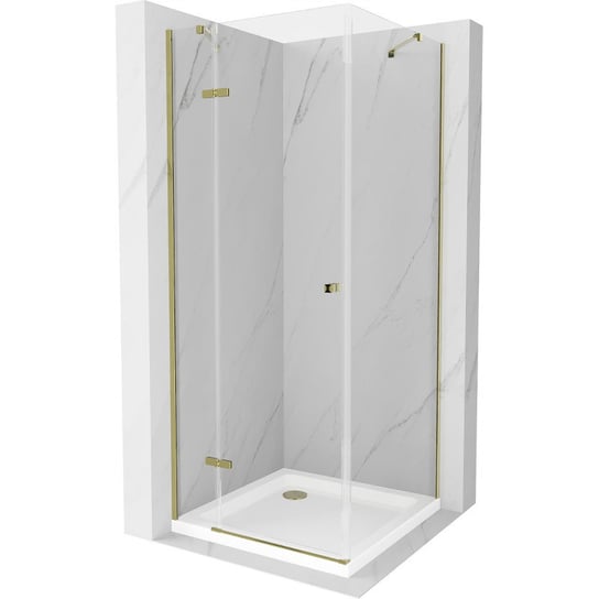 Mexen Roma kabina prysznicowa uchylna 100 x 100 cm, transparent, złota + brodzik Flat Mexen