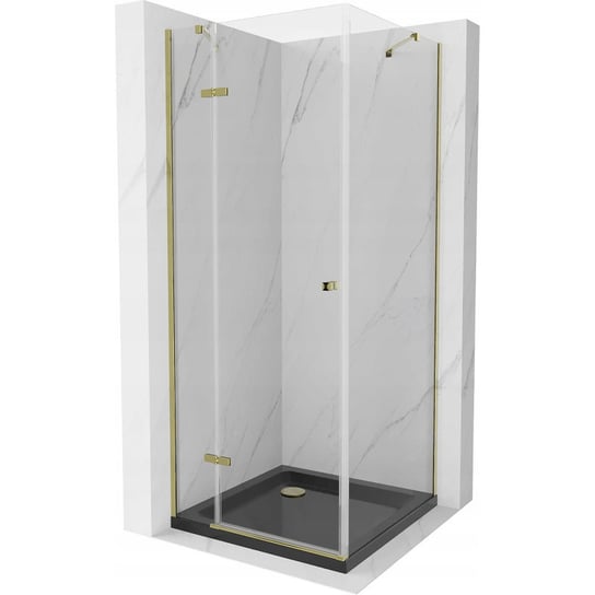 Mexen Roma kabina prysznicowa uchylna 80 x 80 cm, transparent, złota + brodzik Flat, czarny Mexen