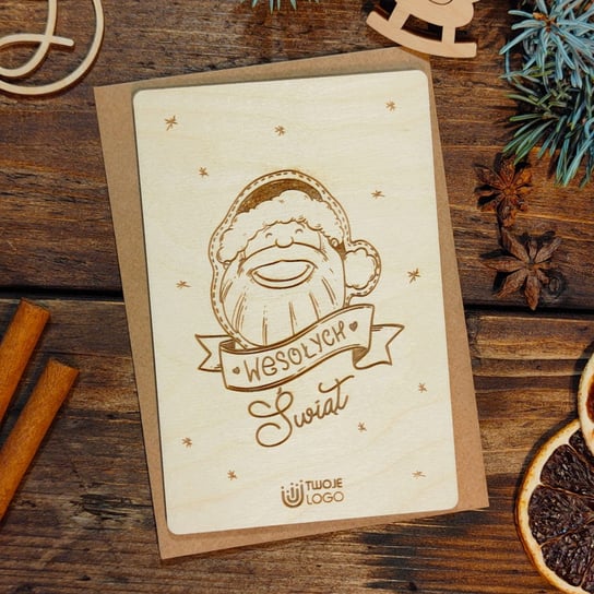 Mikołaj - drewniana grawerowana kartka świąteczna z logo Inna marka
