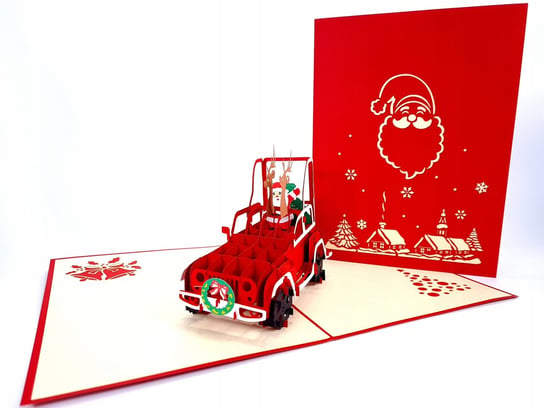 Mikołaj rozdający prezenty z Auta Jeep Kartka 3D GrandGift