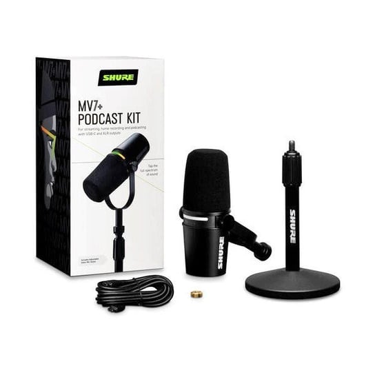 Mikrofon lektorski Shure MV7+ K-BNDL, złącze XLR/USB-C, Czarny + statyw biurkowy GATOR Shure