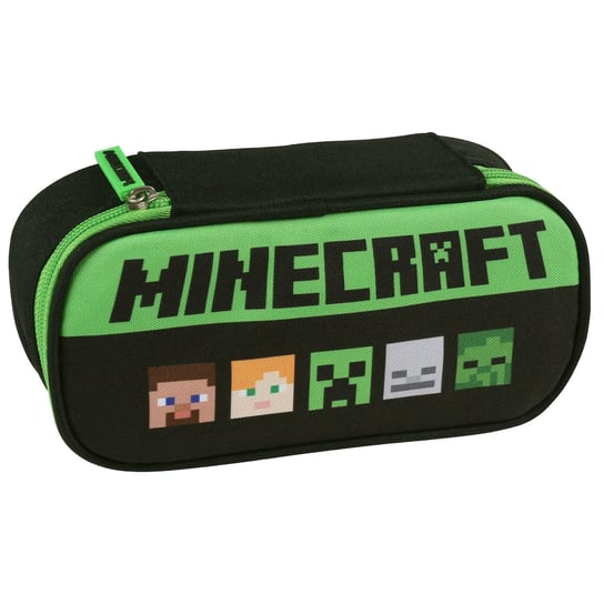 Minecraft, Piórnik Szkolny Jednokomorowy, Czarny, Zielony 21X10X5,5 Cm Minecraft