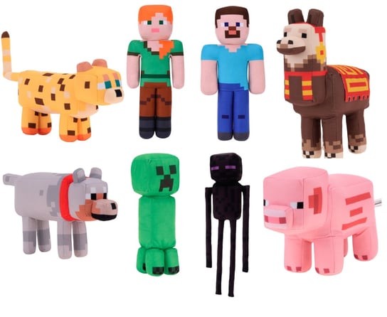 Minecraft, zestaw maskotek Creeper, Alex, Steve, Pies, Enderman, Ocelot, Lama, Świnia, bandai Minecraft