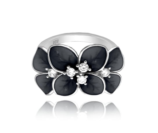 MINET Czarny kwiecisty pierścien srebrny FLOWERS z białymi cyrkoniami wielkość 11 MINET