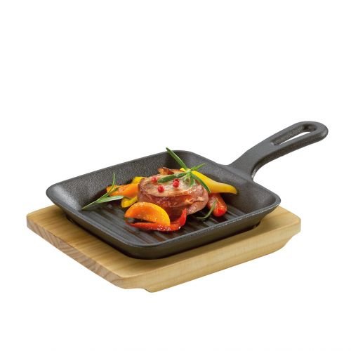 Mini Kuchenprofi patelnia grillowa do serwowania z podstawką, 23 x 13,5 x 5,5 cm, żeliwo/drewno sosnowe Kuchenprofi