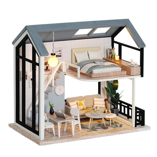 Miniaturowy domek DIY, Zestaw drewniany, Instrukcja PL, LED HABARRI