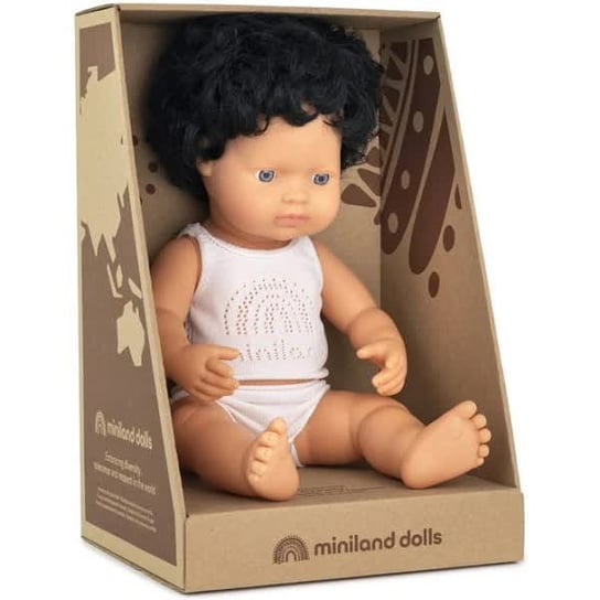 Miniland Doll - Lalka Chłopiec Europejczyk Czarne Kręcone Włosy 38cm Miniland