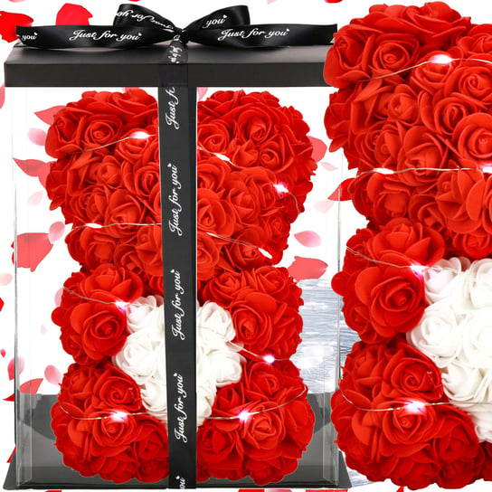 Miś z róż 25 cm czerwony z białym sercem i pudełkiem miś różany LED zimny biały Springos