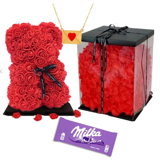 MIŚ Z RÓŻ 25 CM rose bear Walentynki Prezent Dla Kobiet Mamy WYPEŁNIONY  złożony + naszyjnik + czekolada Inny producent