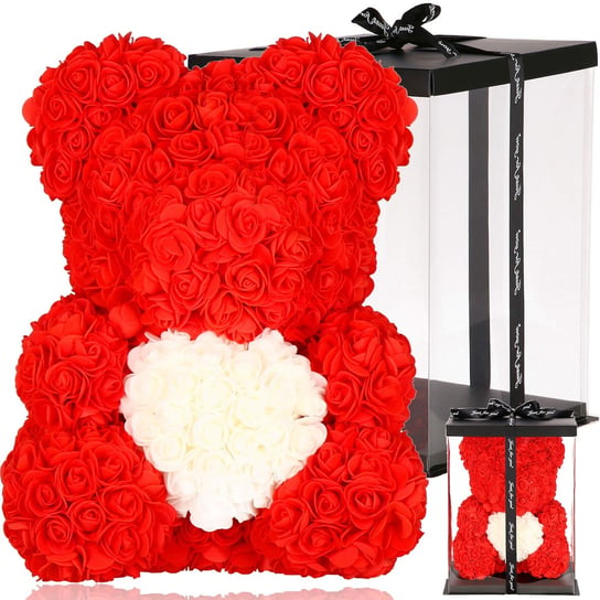 Miś z róż 36 cm czerwony z białym sercem rose bear miś różany w pudełku prezentowym Springos