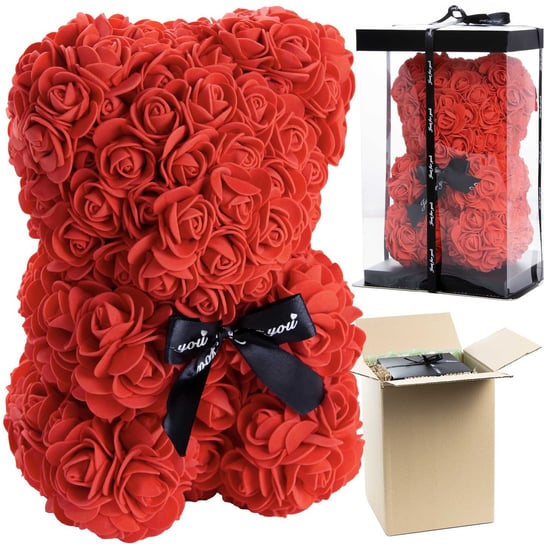 Miś Z Róż Walentynki Prezent Dla Kobiet Rose Bear Z Czerwonych Płatków Róż 25 Cm Z Pudełkiem Inna marka