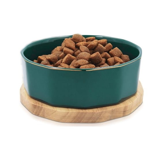 Miska Ceramiczna Dla Psa Duża Zielona Złota Z Bambusową Podstawką 800 ml Emes