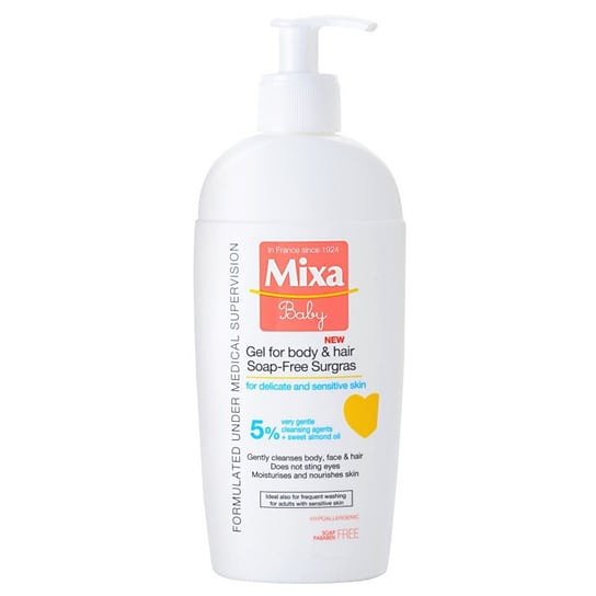 Mixa, Baby, Żel i szampon pod prysznic 2 w 1 dla dzieci Gel For Body & Hair Soap-Free Surgras, 250 ml Mixa