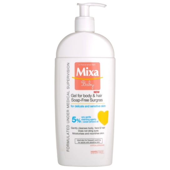 Mixa, Baby, Żel i szampon pod prysznic 2 w 1 dla dzieci Gel For Body & Hair Soap-Free Surgras, 400 ml Mixa