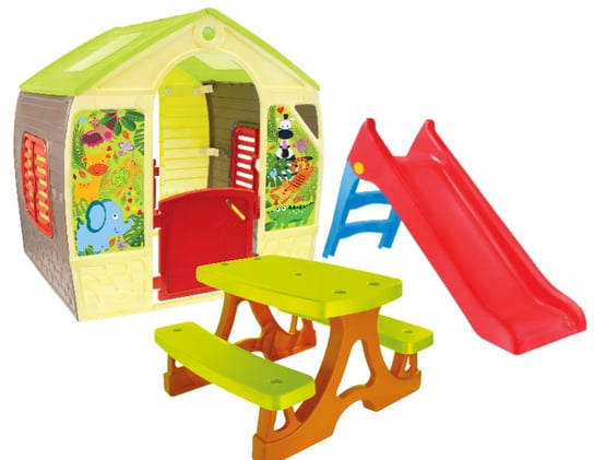 Mochtoys, zabawki ogrodowe Domek ze zjeżdżalnią i stolikiem, zestaw Mochtoys